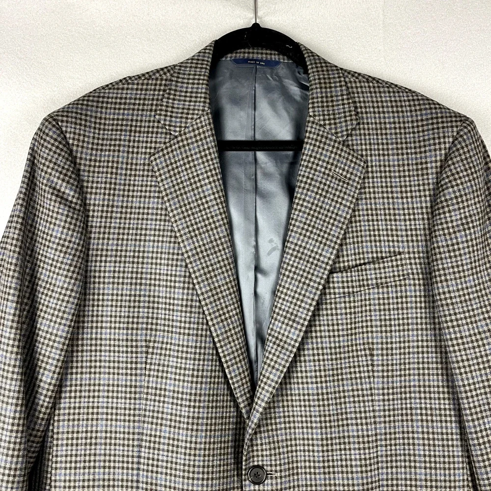 Brooks‎ Brothers 1818 Madison Saxxon Wool Blazer Mens 42L Black Tan Check Plaid